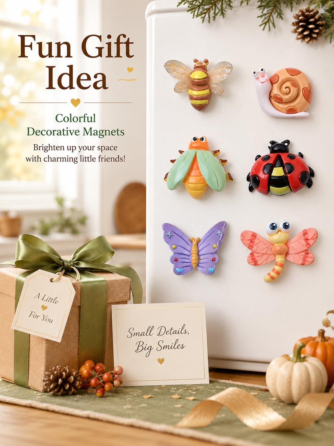 6pcs Insect Butterfly Fridge Magnets, Suitable for Kitchen, Office, Whiteboard, Dishwasher, Vibrant Colors, Gift for Christmas Fun Design with Colorful Patterns, Thanksgiving