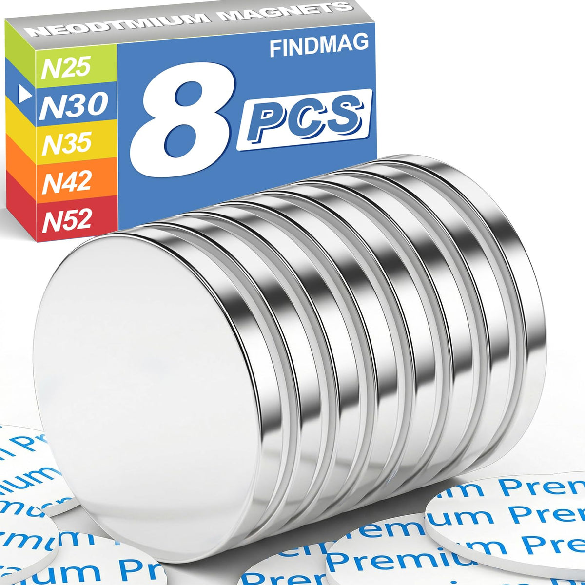 FINDMAG 4 Pcs Neodymium Disc Magnets, Adhesive Magnets, 1.18'' D x 1/8'' H