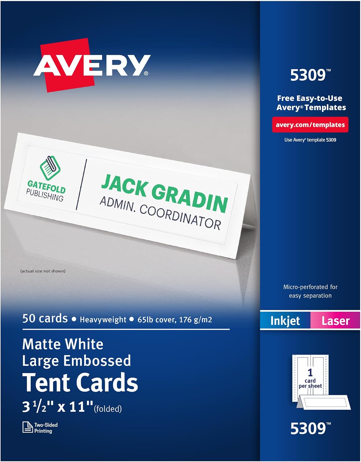 Avery Printable Tent Cards, 3.5" x 11", Matte White, 50 Place Cards