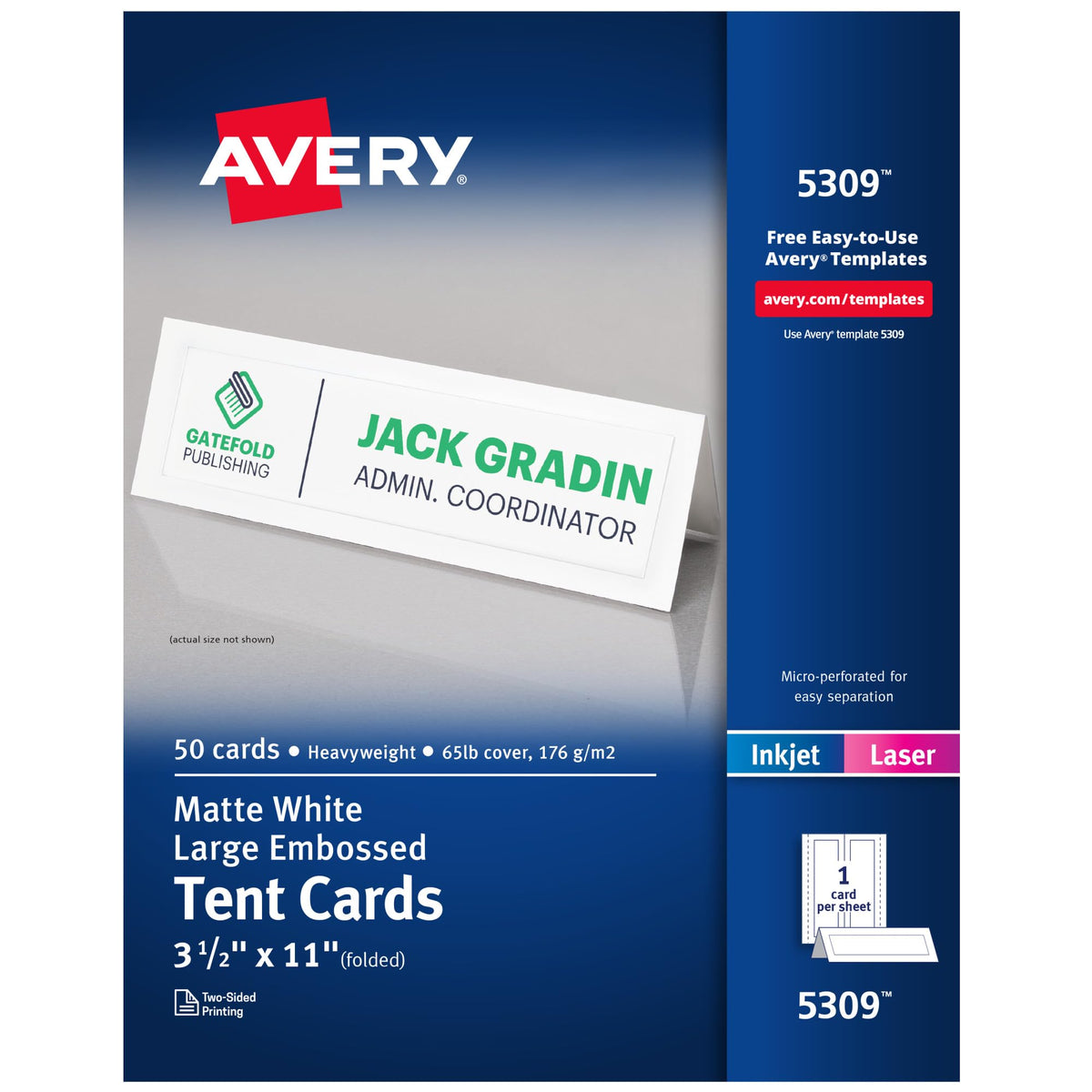 Avery Printable Tent Cards, 3.5" x 11", Matte White, 50 Place Cards