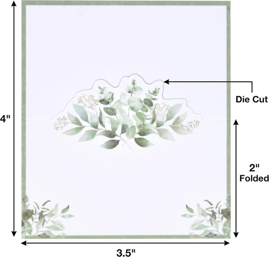 Gift Boutique 100 Pack Eucalyptus Greenery Place Cards Floral Green Leaves Seating Name Card Folded Tent Cards for Baby Shower Reception Tables Placement Party Decorations 2" x 3.5"