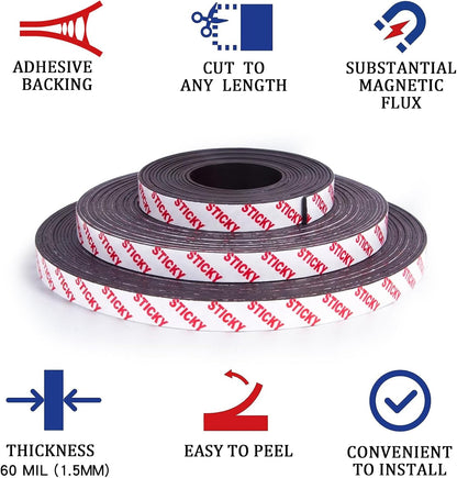Towjug Magnetic Tape 10ft x 1/2in Fridge Magnets with Adhesive Backing Roll