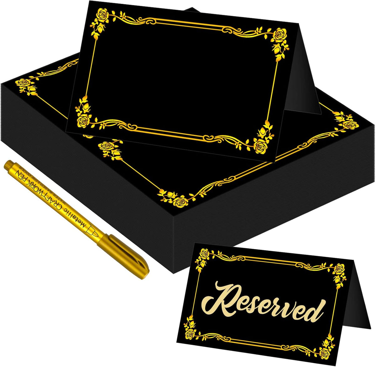 100 Pcs Black Place Cards and Gold Pen for Weddings
