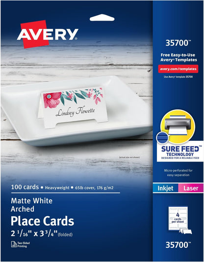 Avery Printable Tent Cards, 2.5" x 8.5", Matte White, 100 Place Cards
