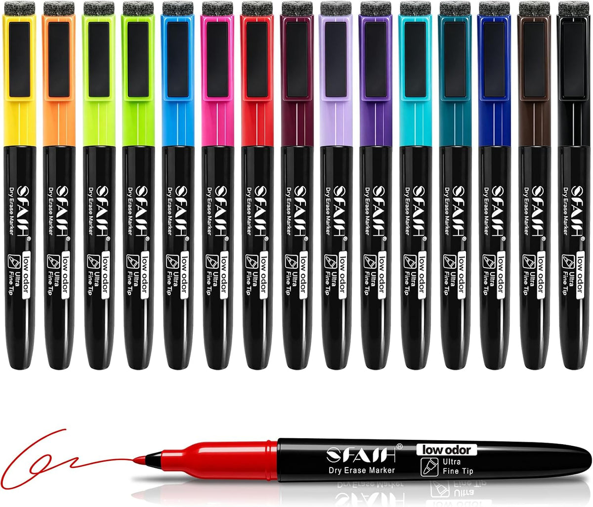 SFAIH 15 Colors Magnetic Dry Erase Markers, 0.7mm Ultra Fine, with Eraser