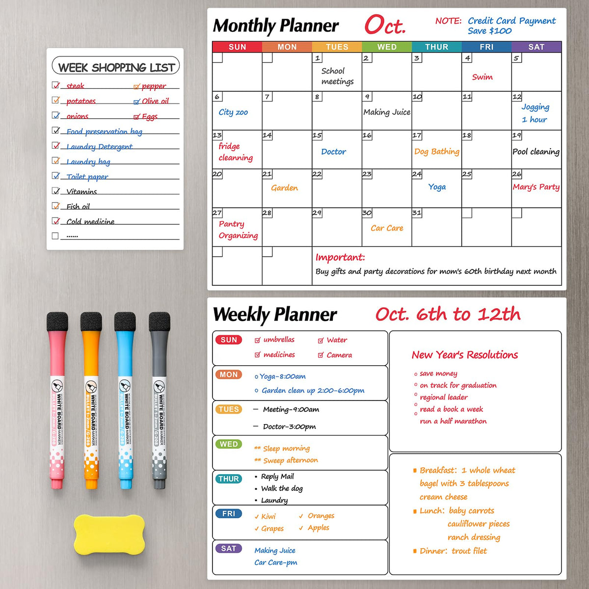 Dry Erase Magnetic Calendar for Refrigerator, 3 Pack- Monthly & Weekly & Daily Planner Magnet Whiteboard for Fridge Wall Door - Shopping, Meal/Menu, To Do List, Family Schedule Planning Board, 14"x11"