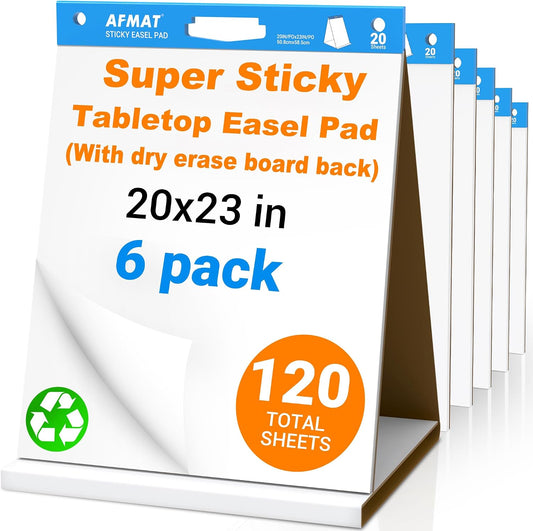 AFMAT Tabletop Sticky Easel Pad & Dry Erase Board 2 in 1, 20 x 23 in Portable Easel Stands for Teachers, Super Sticky & Bleed-Resistant, Ideal for Meetings/Training/Presentation, 20 Sheets/Pad, 6 Pads
