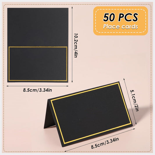 Place Cards for Table Setting - 50Pcs White Blank Table Place Cards with Gold Foil Border, Table Seating Name Cards for Weddings, Banquets Dinner Parties (Folfding Size 2x3.75 inches) (Black)