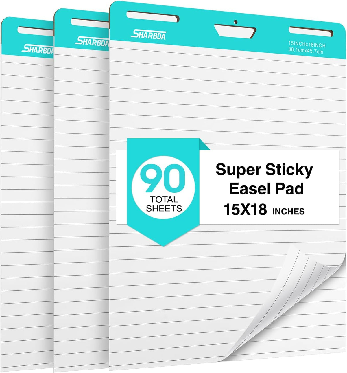 Lined Sticky Easel Pad, 15 * 18 inch,Self-Stick Flip Chart Paper, Super Adhesive & Bleed-Resistant,Micro-Perforated Tear,Classroom Teacher Office Presentation Pads,3 Pads/Pack,90Sheets