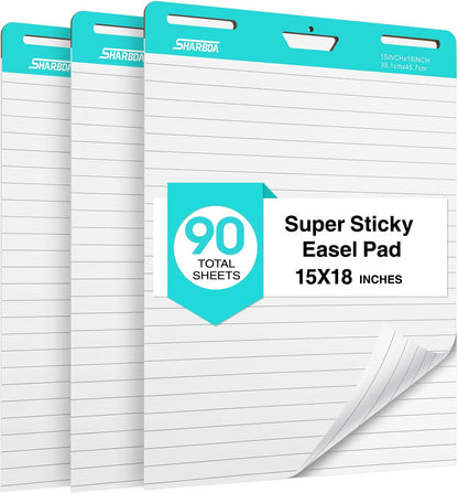 Lined Sticky Easel Pad, 15 * 18 inch,Self-Stick Flip Chart Paper, Super Adhesive & Bleed-Resistant,Micro-Perforated Tear,Classroom Teacher Office Presentation Pads,3 Pads/Pack,90Sheets