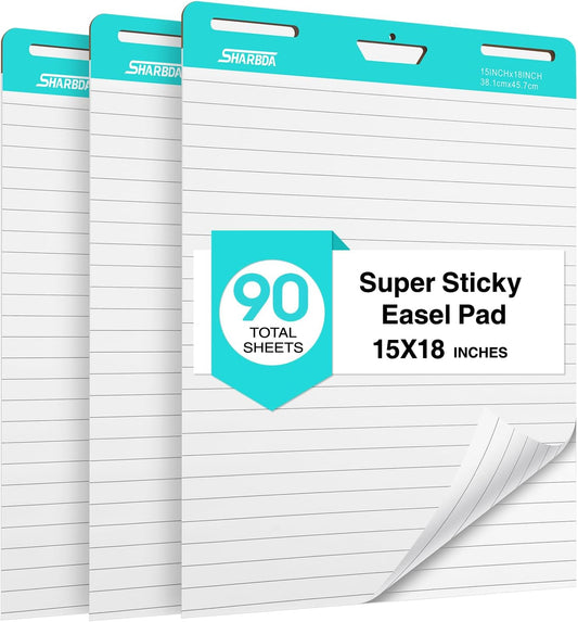 Lined Sticky Easel Pad, 15 * 18 inch,Self-Stick Flip Chart Paper, Super Adhesive & Bleed-Resistant,Micro-Perforated Tear,Classroom Teacher Office Presentation Pads,3 Pads/Pack,90Sheets