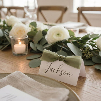 50Pcs Premium Place Cards, Small Table Cards with Green Ribbon, 2" x 3.5" Tent Card, Name Card, Wedding Place Cards for Wedding, Valentines Day, Table, Dinner Parties, Seating Card
