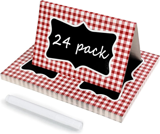 24PCS BBQ Party Decorations, Place Cards for Table Setting Red Gingham Tent Card Plaid Chalkboard Signs with Marker Picnic Decor Food Labels for Buffet Birthday Baby Shower