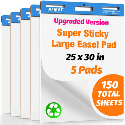 AFMAT Sticky Easel Pads, 25 in x 30 in Flip Chart Paper for Teachers, Super Sticky & Bleed-Resistant, Self-Stick Anchor Chart Paper for Office/Classroom/Whiteboard/Wall/Windows, 30 Sheets/Pad, 5 Pads EP35