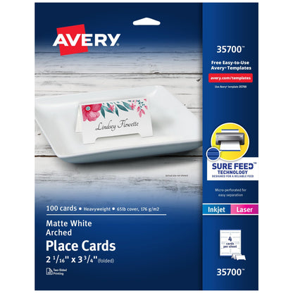Avery Printable Tent Cards, 2.5" x 8.5", Matte White, 100 Place Cards
