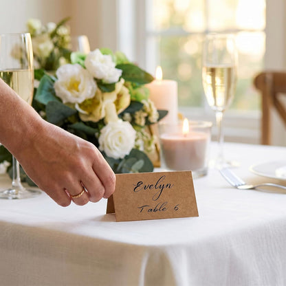 100Pcs Place Cards for Wedding Table Seating Chart, Blank Folded Write-On Kraft Paper Name Tent Cards & Food Labels for Party Buffet, Reception Supplies for Dinner Parties, Banquets, Events