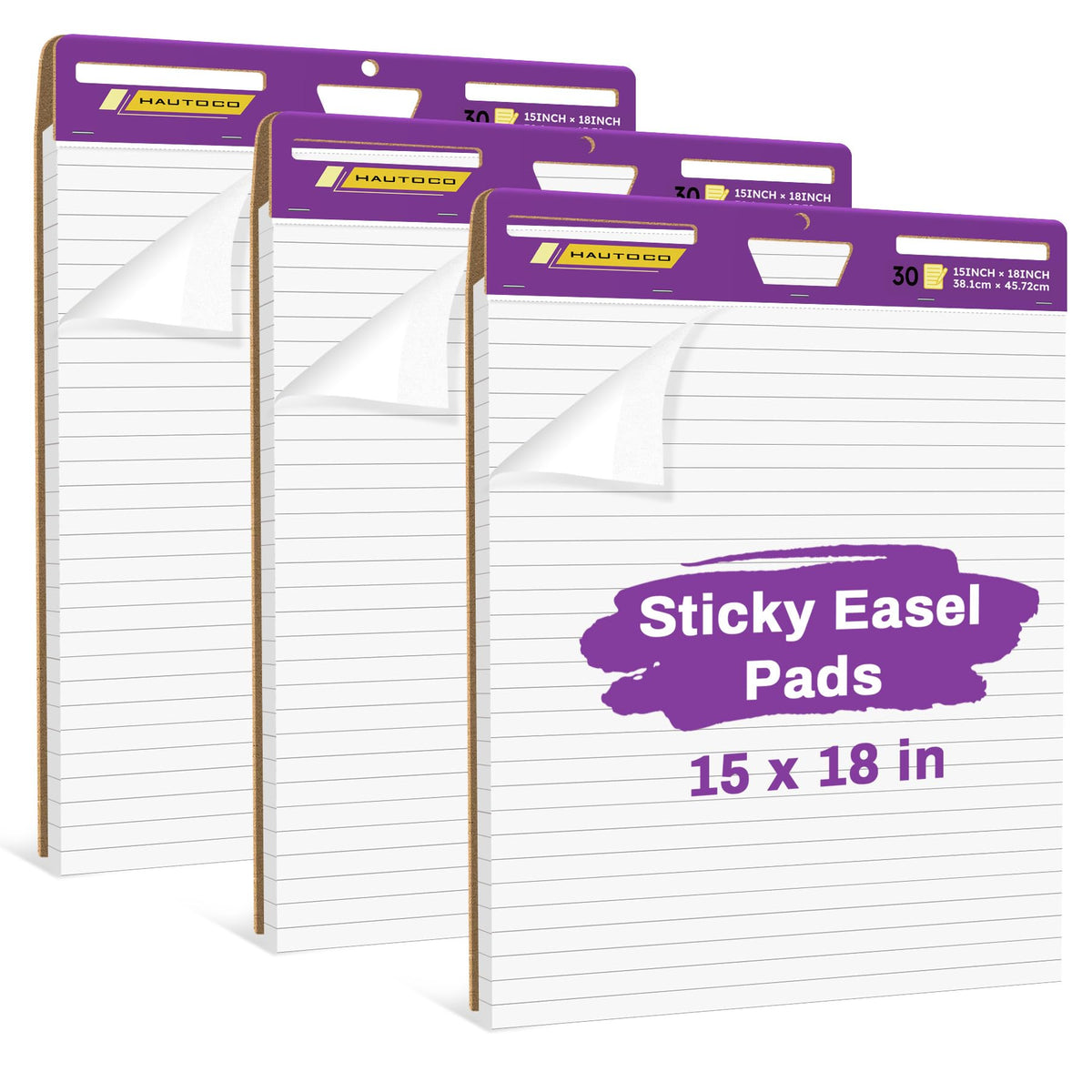 HAUTOCO Sticky Easel Pads 20x23 In, 3 Pack White Lined Flip Chart Paper