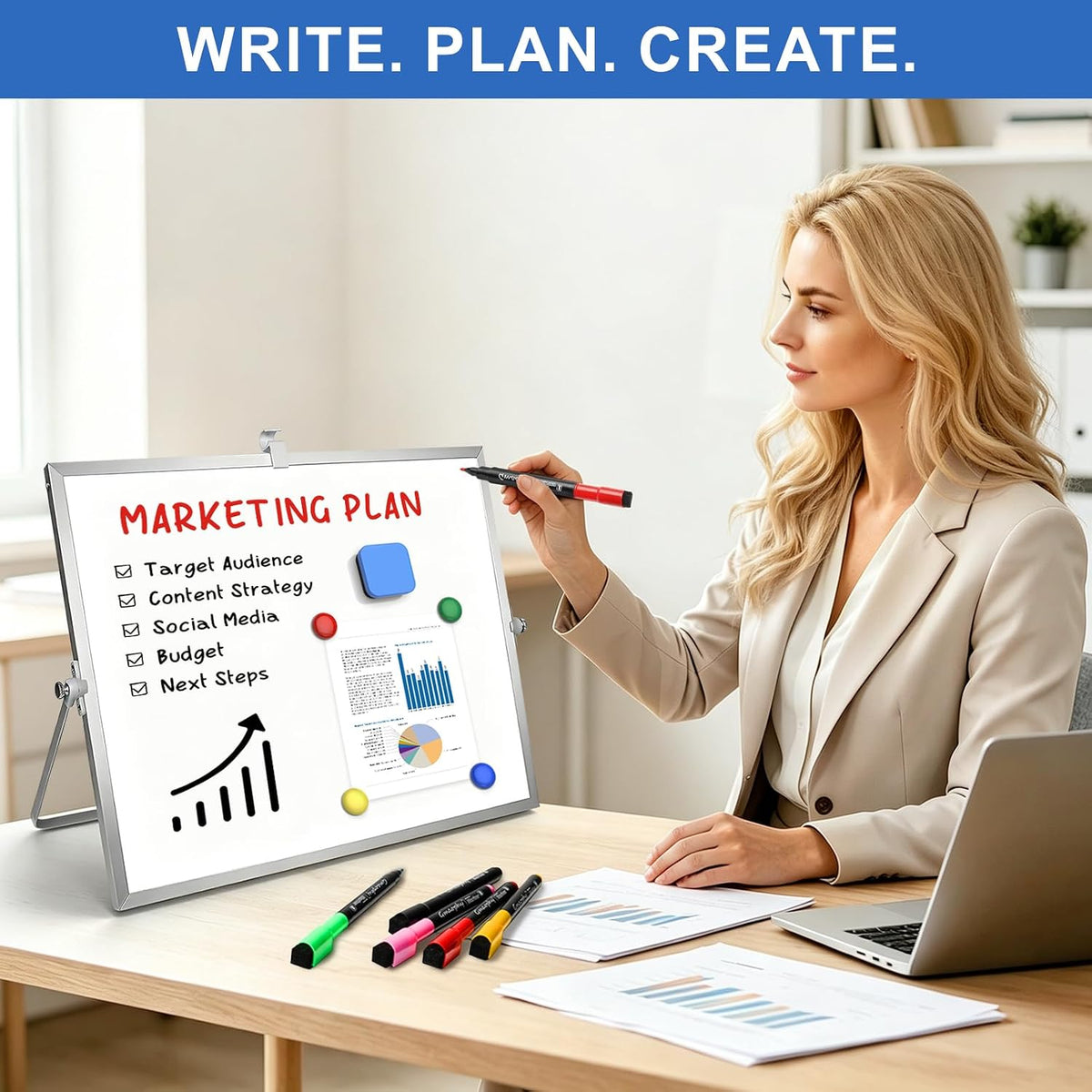 Dry Erase White Board with Stand, 16"x12" Double-Sided Magnetic Whiteboard