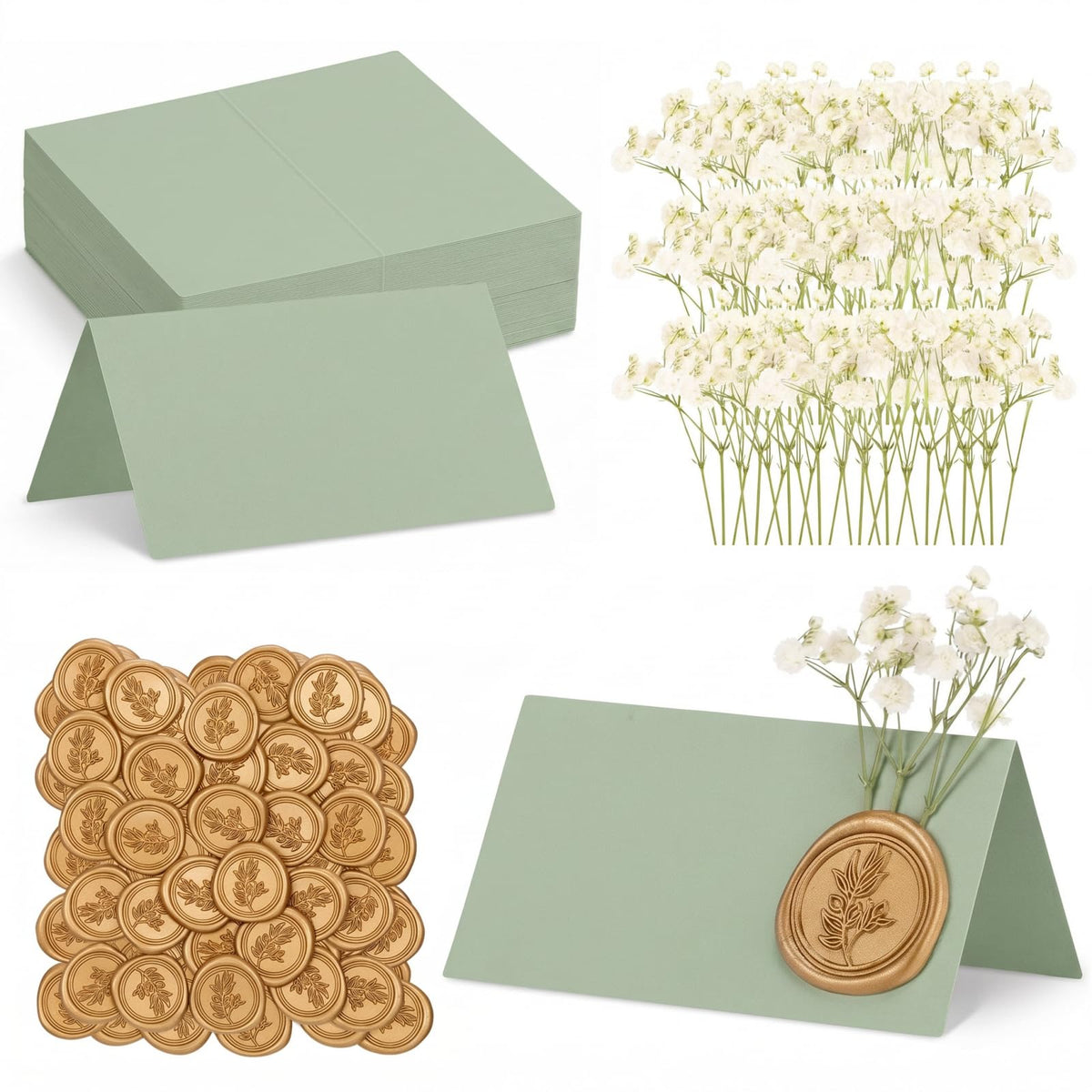 50 Place Cards Wax Seal,Gold Seal,Baby's Breath