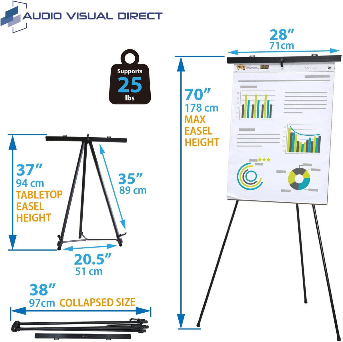 Audio-Visual Direct Adjustable Aluminum Flip-Chart Easel, 37"-70", Black