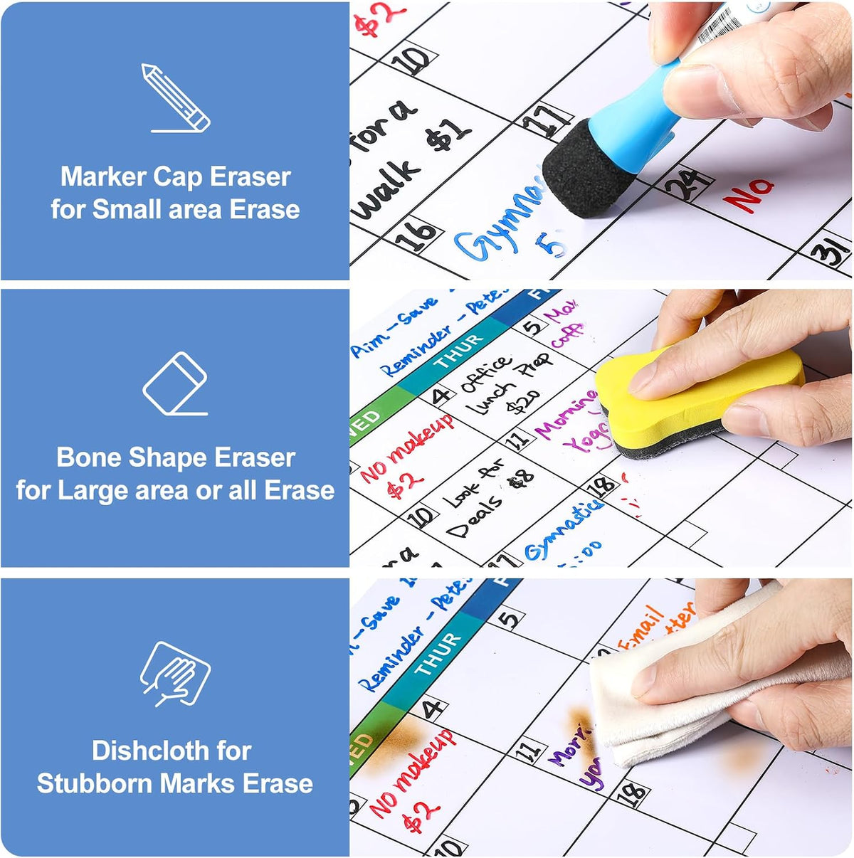 Dry Erase Magnetic Calendar for Refrigerator, 3 Pack- Monthly & Weekly & Daily Planner Magnet Whiteboard for Fridge Wall Door - Shopping, Meal/Menu, To Do List, Family Schedule Planning Board, 14"x11"