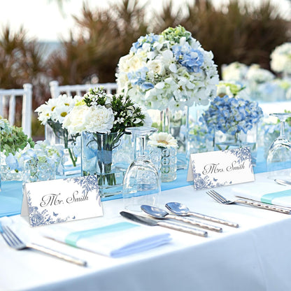 Whaline 100 Pcs Blue Floral Place Cards 2 x 3.5 Inch Tented Name Cards Chinoiserie Rose Flower Blank Seat Assignment Labels for Wedding Bridal Baby Shower Birthday Party Table Setting Supplies