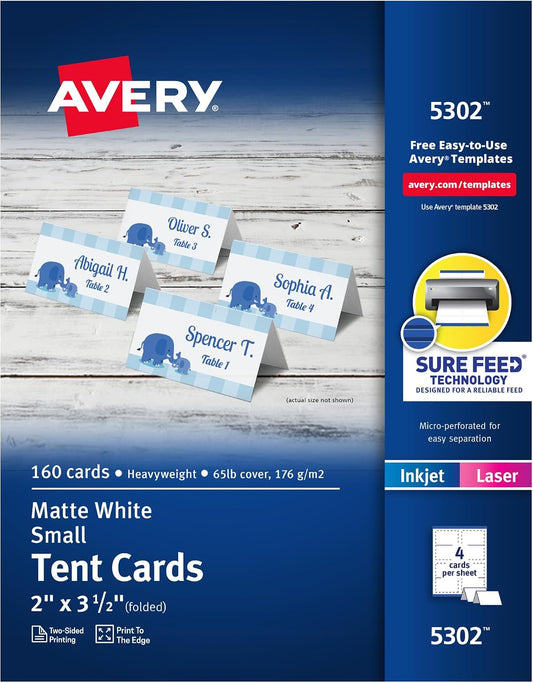 Avery Printable Tent Cards, 2" x 3.5", Matte White, 160 Place Cards