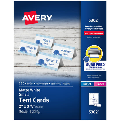 Avery Printable Tent Cards, 2" x 3.5", Matte White, 160 Place Cards