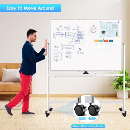 Maxtek Rolling Whiteboard 48 x 36 in Large Magnetic White Board on Wheels