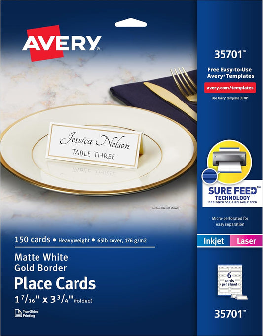 Avery® Printable Place Cards with Sure Feed Technology, 1-7/16" x 3-3/4", White with Gold Border, Pack of 150 Cards