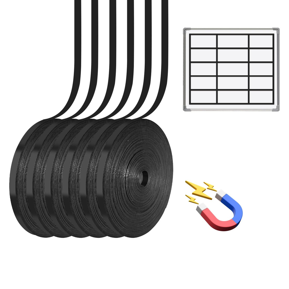 Magnetic Whiteboard Tape for Office,Fine Line Gridding Tape - 1/5 in x 40 yd x 24 mil,High Energy Thin Strip Magnets,Black 120 Feet