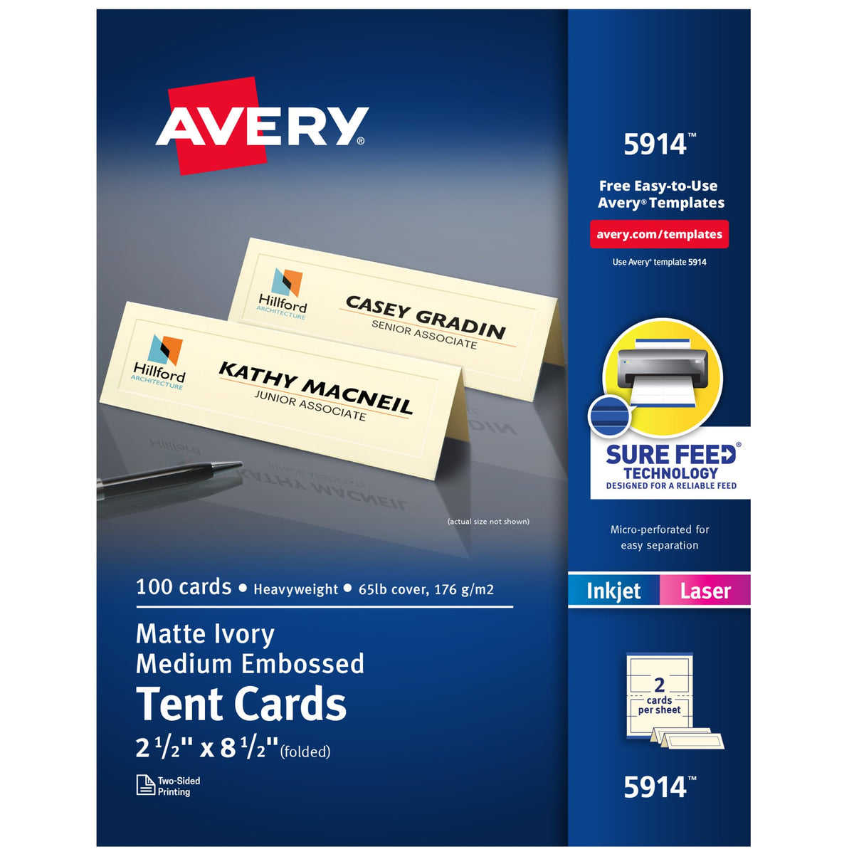 Avery Printable Tent Cards, 2.5" x 8.5", Matte White, 100 Place Cards