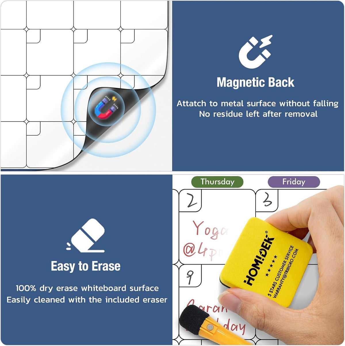 HOMiDEK Magnetic Dry Erase Calendar for Refrigerator: Fridge Whiteboard Calendar Magnet Monthly Planner Family Planning Board with Dry Erase Markers & Eraser - 14 x 11 Inches