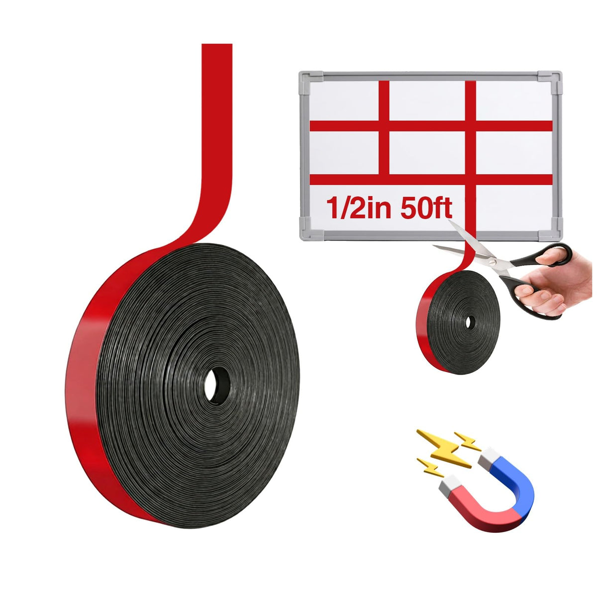 Magnetic Whiteboard Tape for Office,Fine Line Gridding Tape - 1/5 in x 40 yd x 24 mil,High Energy Thin Strip Magnets,Black 120 Feet