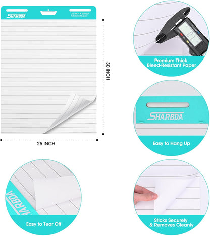 Lined Sticky Easel Pad, 25 * 30 inch,Self-Stick Flip Chart Paper, Super Adhesive & Bleed-Resistant,Micro-Perforated Tear,Classroom Teacher Office Presentation Pads,10 Pads/Pack,300 Sheets