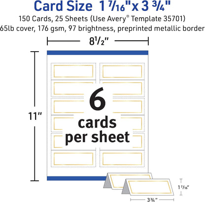 Avery Printable Place Cards with Sure Feed Technology, 1-7/16" x 3-3/4", White with Gold Border, 150 Blank Tent Cards for Laser or Inkjet Printers (35701)