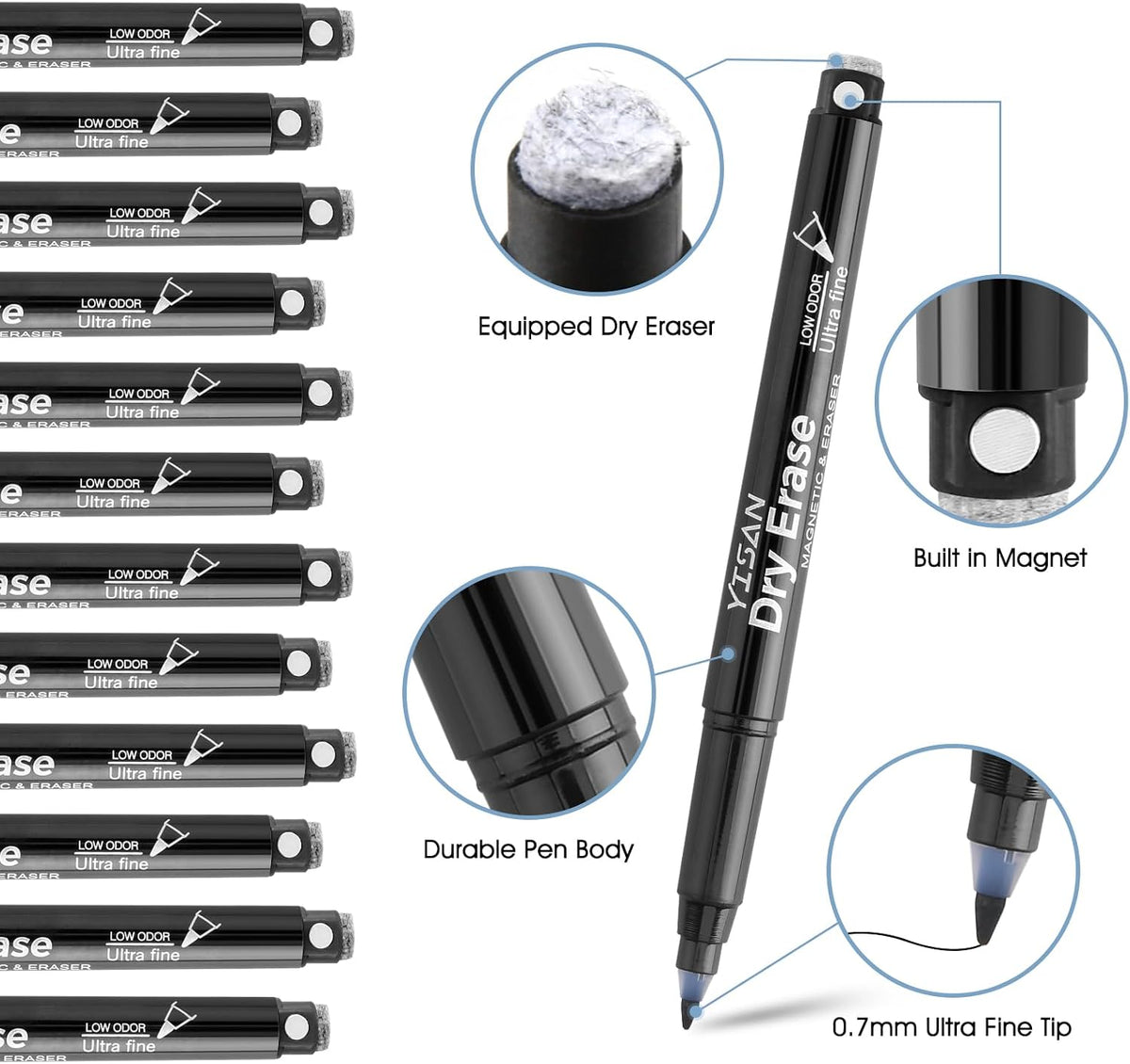YISAN Magnetic Dry Erase Markers Ultra Fine Tip,Black,0.7mm