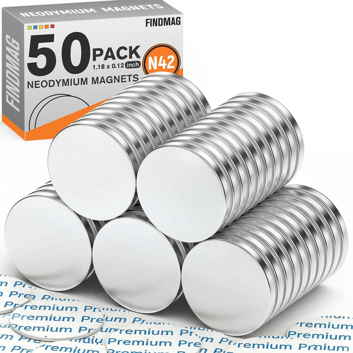 FINDMAG 4 Pcs Neodymium Disc Magnets, Adhesive Magnets, 1.18'' D x 1/8'' H