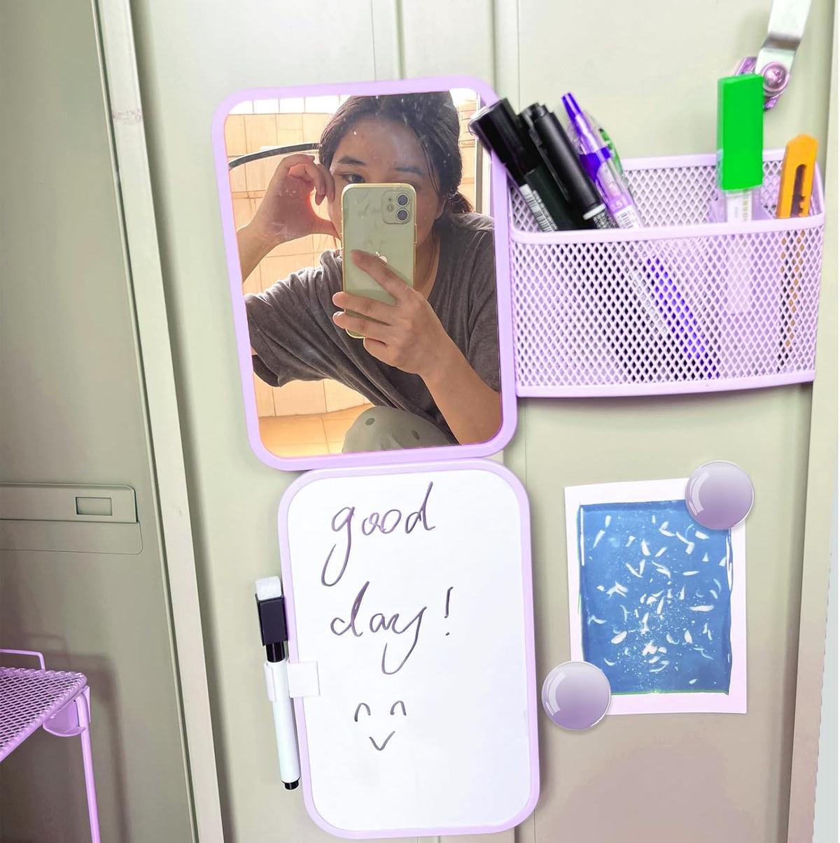 Svartur Locker Accessories for Girls with Magnetic whiteboard, Locker Mirror and Pen Holder, Pink Locker Decoration for School Locker, Back to School Essentials, Purple