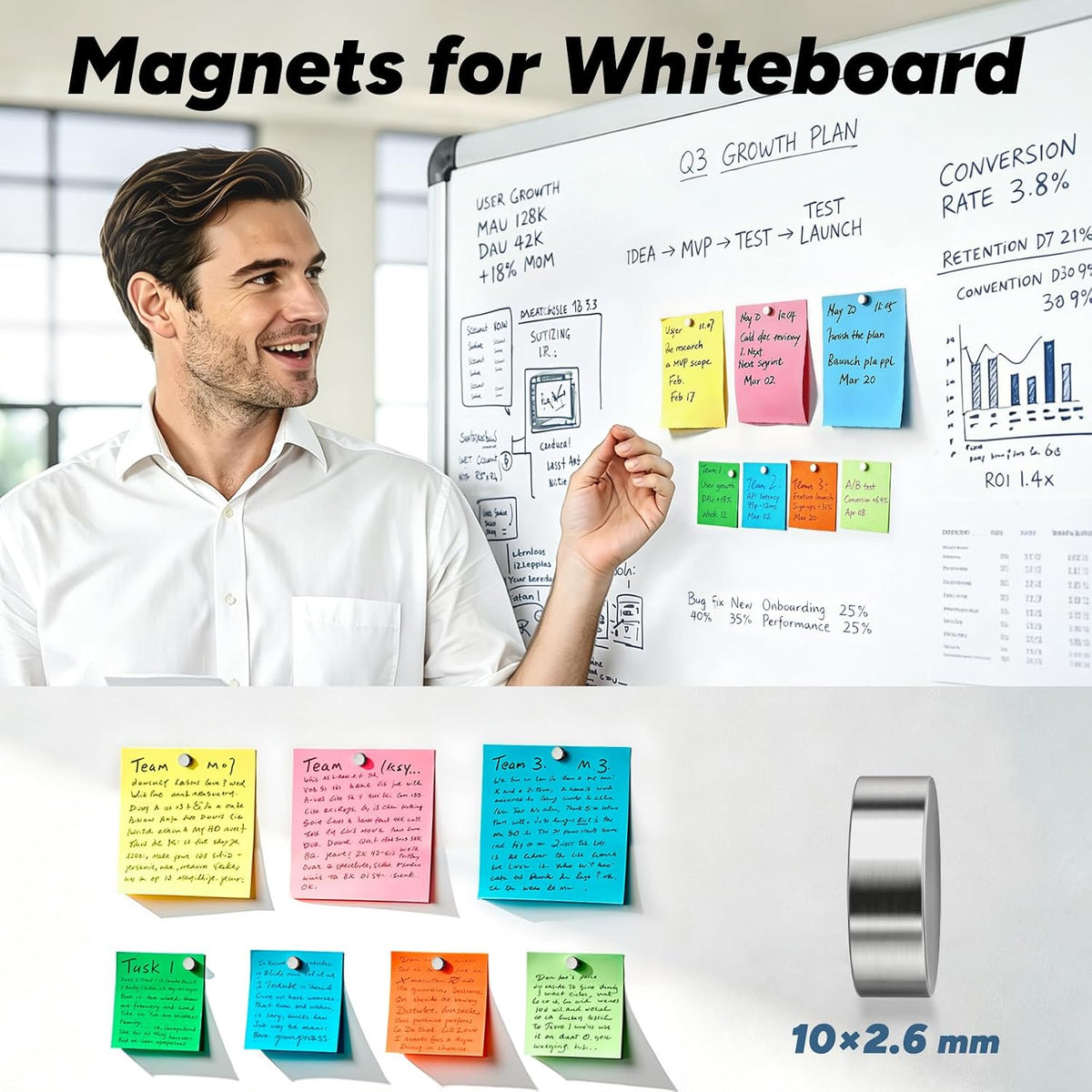 SMARTAKE 45 Pcs Refrigerator Magnets, 10x2.6mm Small Fridge Magnets, Silver