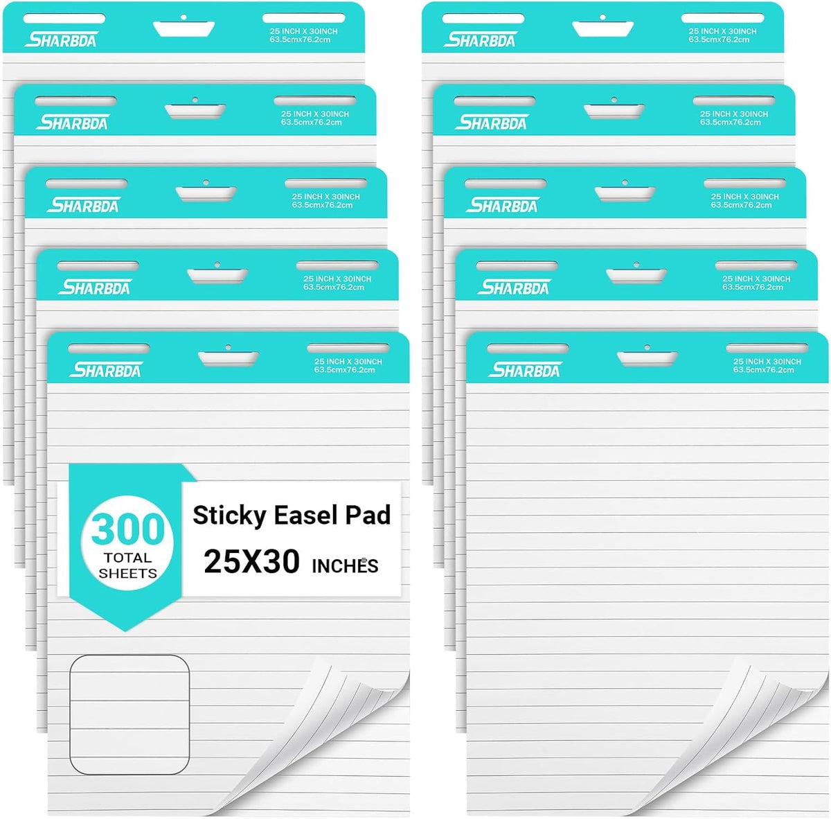 Lined Sticky Easel Pad, 25 * 30 inch,Self-Stick Flip Chart Paper, Super Adhesive & Bleed-Resistant,Micro-Perforated Tear,Classroom Teacher Office Presentation Pads,10 Pads/Pack,300 Sheets