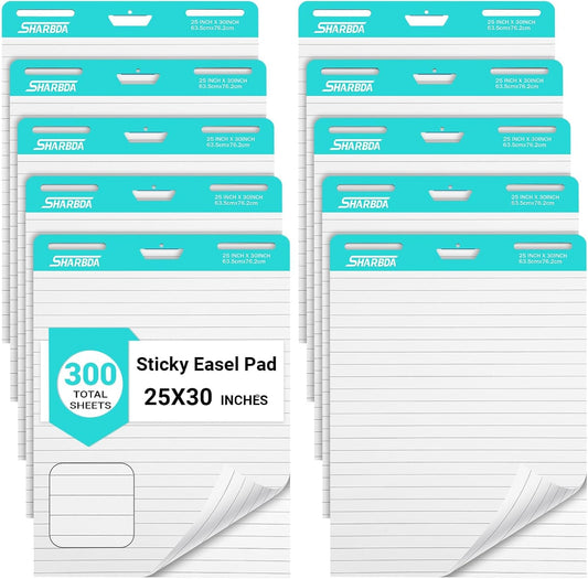 Lined Sticky Easel Pad, 25 * 30 inch,Self-Stick Flip Chart Paper, Super Adhesive & Bleed-Resistant,Micro-Perforated Tear,Classroom Teacher Office Presentation Pads,10 Pads/Pack,300 Sheets