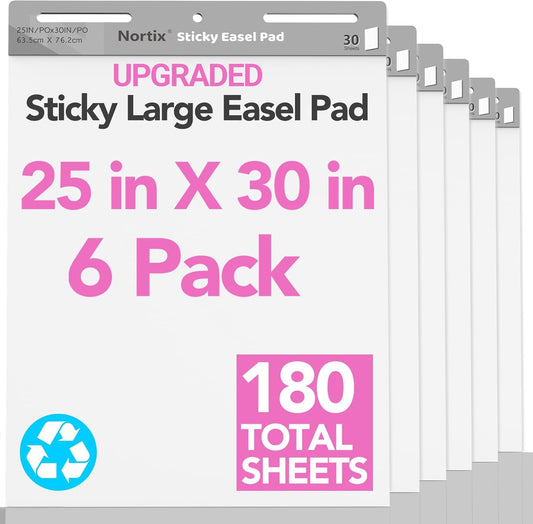 Nortix Sticky Easel Pad, Flip Chart Paper, 25 x30 inch, 30 Sheets/Pad, 6 Pads, Chart Paper for Teachers,Super Adhesive & Bleed-Resistant, Large Self-Stick Easel Paper for Classroom/Office/Home