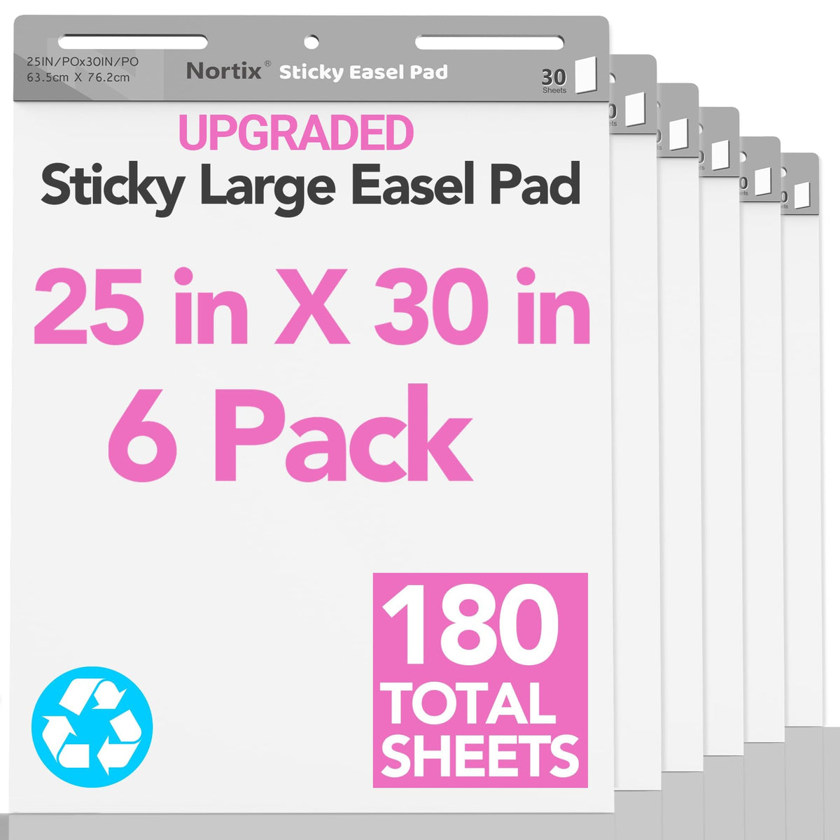 Nortix Sticky Easel Pad, Flip Chart Paper, 25 x30 inch, 30 Sheets/Pad, 6 Pads, Chart Paper for Teachers,Super Adhesive & Bleed-Resistant, Large Self-Stick Easel Paper for Classroom/Office/Home