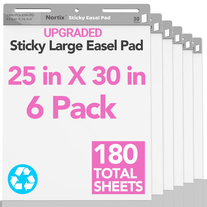 Nortix Sticky Easel Pad, Flip Chart Paper, 25 x30 inch, 30 Sheets/Pad, 6 Pads, Chart Paper for Teachers,Super Adhesive & Bleed-Resistant, Large Self-Stick Easel Paper for Classroom/Office/Home