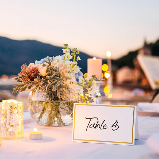 50Pcs Place Cards, Table Name Cards with Gold Foil, Place Card for Table Setting Food Labels for Party Buffet, Wedding Places Card Tent Carded for Dinner Parties,Events, Bridal Shower(White)
