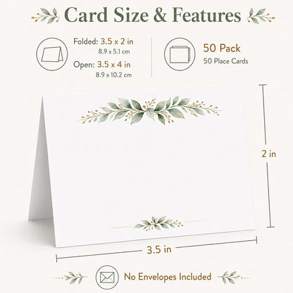 Place Cards for Table Setting, 50 Blank Wedding Place Cards with Greenery Branch Design, Name Cards for Wedding Reception, Dinner Party, Buffet Food Labels, Table Seating Cards
