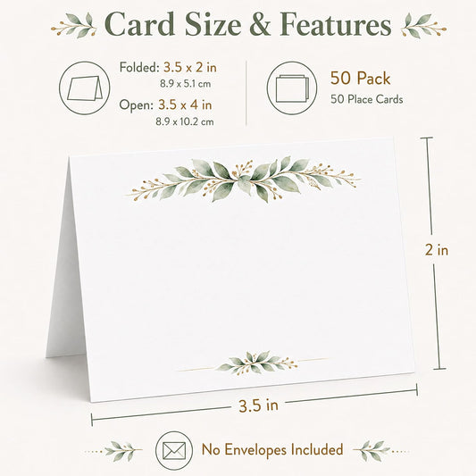 Place Cards for Table Setting, 50 Blank Wedding Place Cards with Greenery Branch Design, Name Cards for Wedding Reception, Dinner Party, Buffet Food Labels, Table Seating Cards
