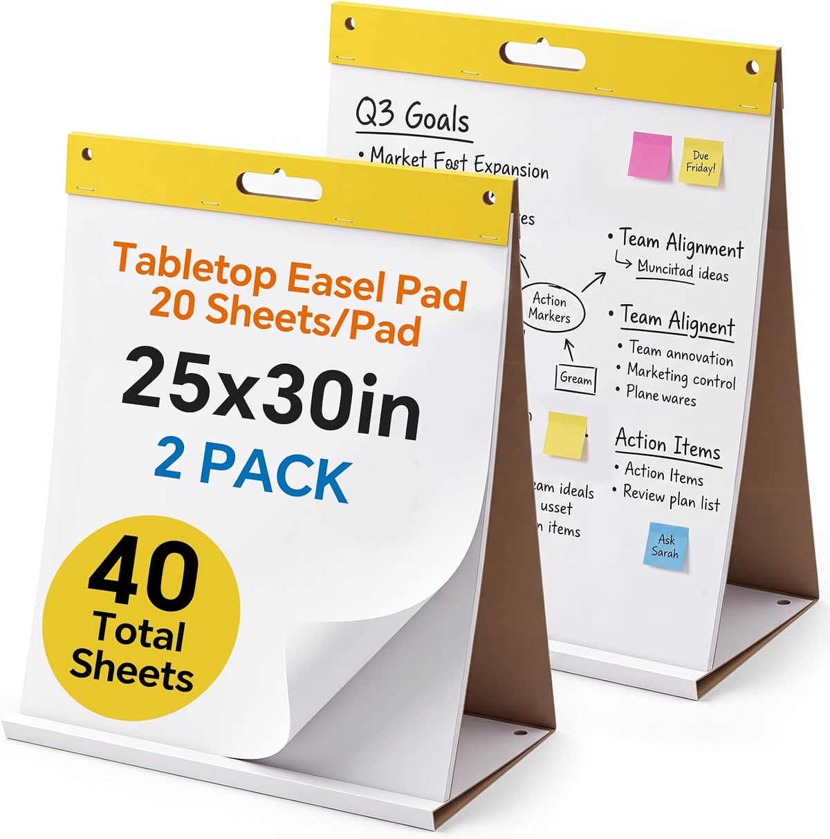 Sabary 2 Pack Tabletop Easel Pads, 25 x 30 Inch, Self-standing Flip Chart