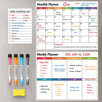Dry Erase Magnetic Calendar for Refrigerator, 3 Pack- Monthly & Weekly & Daily Planner Magnet Whiteboard for Fridge Wall Door - Shopping, Meal/Menu, To Do List, Family Schedule Planning Board, 14"x11"